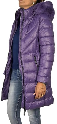 VEQUÈ Piumino Donna Invernale Lungo Imbottito con Cappuccio in Pelliccia (IT, Testo, M, Regular, Regular, Viola)