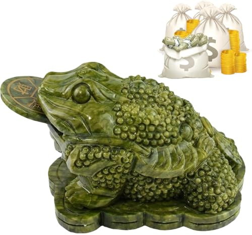 Cemssitu Jade Frosch mit Münze im Mund, Geldfrosch Feng Shui mit Münze Jade, Jade Geldfrosch Dreibeiniger Reichtum Frosch oder Geldkröte Statue, Feng Shui Dekor zieht Reichtum und Glück an