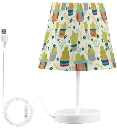 Lampade da comodino con cactus verde a 3 livelli dimmerabili USB in tessuto di lino lampade con base in metallo Luce notturna per WC per soggiorno e scrivania M