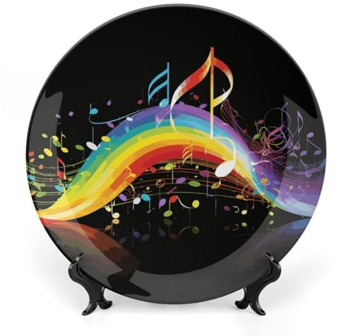 JTKBNVM 15,5 cm Regenbogen Musiknote Melodie Knochenporzellan Dekorative Teller Keramik Dekorative Teller mit Präsentationsständer Handgemachte Keramik Ornament für Home Office Decor Runde Teller