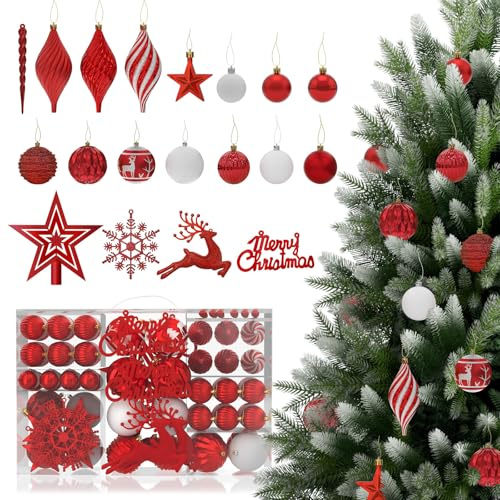 108er Set Rot Weihnachtskugeln Kunststoff mit Baumspitze Stern - Robuste und Sichere Christbaumschmuck Set mit Aufhängen - Christbaumkugeln Bunt, Mehrweg Baumschmuck Weihnachten