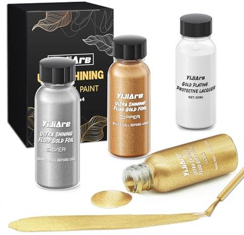 Flüssige Blattgold-Farbenset, alkoholbasierte metallische Goldfarbe, Hochglanz Gold, Bronze, Silber Blattgoldfarbe mit Klarlack, schnelltrocknende für Kunsthandwerk, DIY und Harzprojekte, 4 x 30 ml