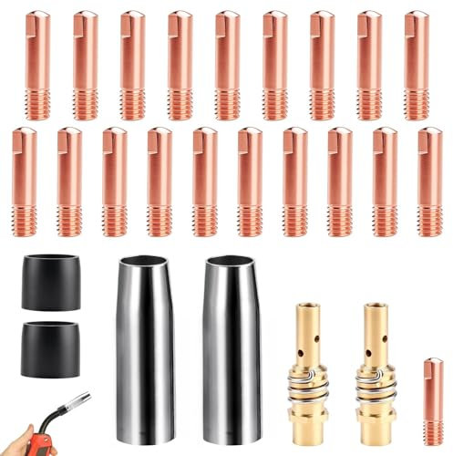 TXXATX Schweißdüsen Verschleißteile Set passend MB-15AK MIG MAG Schutzgasschweißgerät Zubehör 26 Stück 2 x Gasdüsen 20 x Powerdüsen 0,6 mm 0,8 mm 1 mm 2 x Düsenstiel 2 x Isolatoren