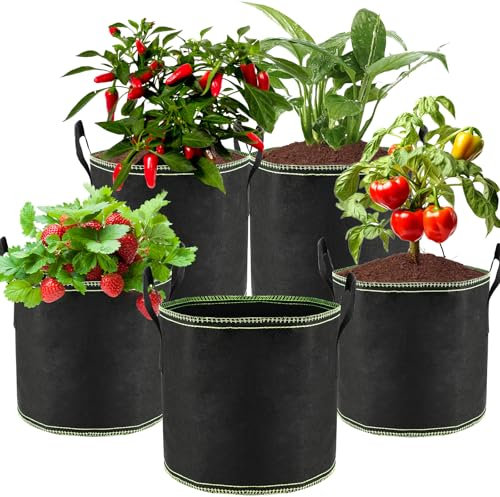Zikenis 5 Stück 12 L Tomaten kübel,Pflanzsack aus Vliesstoff mit Griffen,Verdickter und Belüfteter Gartentopf,Wiederverwendbare Pflanztasche für Kartoffeln,Tomaten,Gemüse,Blumen und Erdbeeren