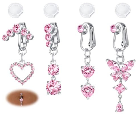 AVYRING 4 Pièces Bijoux de Piercing Nombril Faux, Clips Argentés pour Femmes, en Acier Chirurgical 316L, avec Cœur, Papillon et Cristal CZ Rose