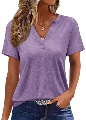 Onsoyours Tshirt Damen V-Ausschnitt Kurzarm T-Shirts Sommer Oberteile Locker Basic Shirt A Lila L