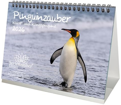 Pinguinzauber Kaiserpinguine DIN A5 Tischkalender für 2026 Pinguin - Geschenkset Inhalt: 1x Kalender 1x Weihnachtsanhänger 1x Grußanhänger (gesamt 3 Teile)