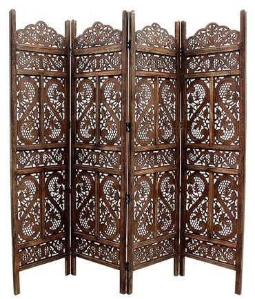 iAnanas fertig montiert sofort einsatzbereit Handgeschnitzter Raumteiler aus Massivem Mangoholz MDF 4-teiliger Faltbarer Paravent Dekorativen Sichtschutz für Haus Büro Restaurent 187 x 2 x 180 cm