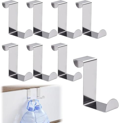 8 Pack Door Hooks No Drilled Heavy Duty Over Door Hanger Stainless Steel Metal Z Shaped Reversible Dual Head Single Space Saving Cupboard and Drawer Coat Hook for Kitchen Wardrobe Bedroom Bathroom