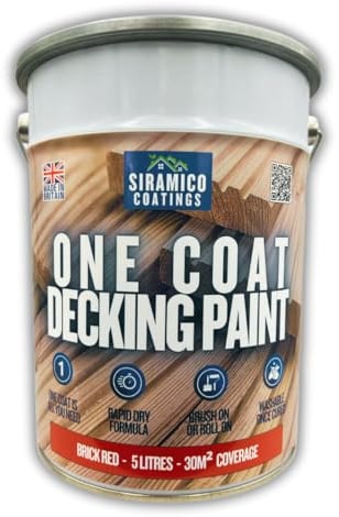 SIRAMICO COATINGS One Coat Anti-Slip Decking Paint | 5 litres | 7 Luxury Colours I Mould & UV Resistant Formula | White - Grey - Sage Green - Black - Brick Red (Brick Red)