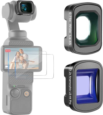 NEEWER Lens Kit Compatible with DJI Osmo Pocket 3 Creator Combo Accessories, 0.75X Wide Angle (108° FOV) + 1.2X Blue Anamorphic Cinematic Effect Lens Set + 2x Screen Protector, FL-C02