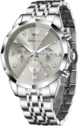 OLEVS Männer Uhr Quarz Luxus Business Uhren Multifunktion Chronograph Mondphase wasserdicht Leuchtend Edelstahl Armbanduhr