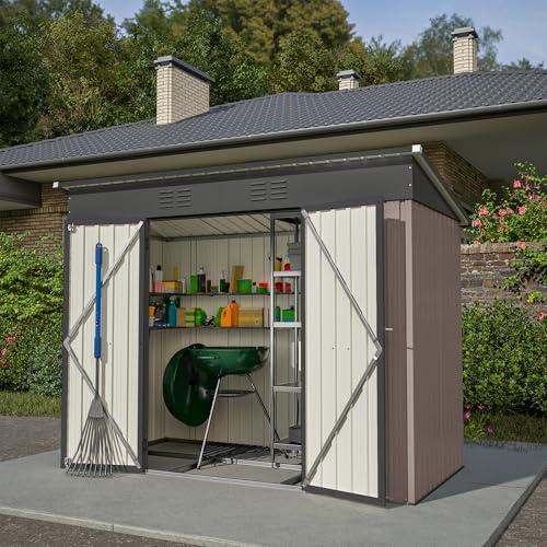 ECLIVON Cobertizo de Jardín Exterior 229x182x111cm, Metálico Caseta de Jardín con Puerta y Ventilación, Cobertizo de Almacenamiento con Techo, Caseta Metal para Herramientas Terraza Patio (Marrón)