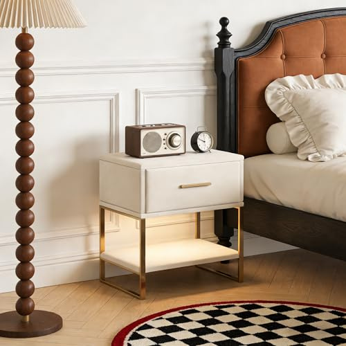 Nachttisch mit LED und Schublade, 2 Stück, Nachttisch mit Füßen und Griffen aus Metall, Beistelltisch, modernes Design, für Wohnzimmer, Schlafzimmer (Beige-01, 31 x 40 x 50 cm)