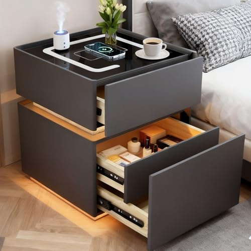 GXSDYYDS Nachtschrank, Nachttisch mit LED Licht, 3-Farbige Beleuchtung, Sensorlicht, 3 Schubladen, und Beistelltisch mit Ladefunktion, 2 USB, 1Type C, Nachttisch Grau mit 1 Verstecktem Schublade