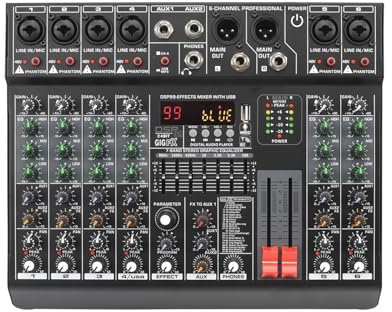 Audiomixer, 6-Kanal-Soundmixer, 99 Effekt-Mix-Tisch, EQ, Audio-Mischpult, Schreibtisch, USB, Wiedergabe, Aufnahme, 48 V, DJ-Controller für Studio-Karaoke