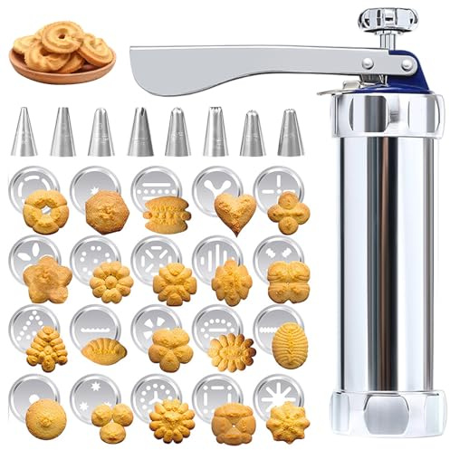xolear Edelstahl Spritzgebäck Presse Gebäckpresse mit 20 Schablonen, 8 Edelstahl Tüllen Keksmaschine Kekspresse Gebäckspritze, Spritzgebäck Presse Teigspritze für Kekse Kuchen Plätzchen