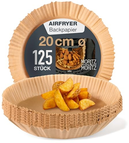 Moritz & Moritz Airfryer-Backpapier rund Ø 20 cm, 125 Einlagen | Für Heißluftfritteuse mit 4,5 bis 8 Litern, oben ca. 24 cm weit, 4,5 cm Rand, antihaft bis 220 °C, mit Aufbewahrungsbox