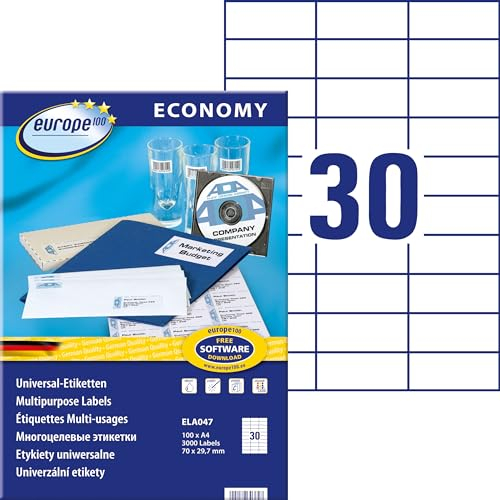 Europe100 Art. ELA047 Universal Etiketten (3.000 Klebeetiketten, 70x29,7mm auf A4, Papier matt, individuell bedruckbar, selbstklebende Aufkleber, kompatibel zu AVERY 3489) 100 Blatt, weiß