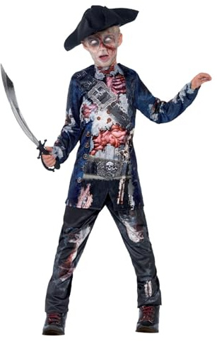 Smiffys Deluxe Jolly Rotten Pirate, Black with Top, Trousers & Hat, Sublimation Print, Halloween Child Fancy Dress, Pirate Dress Up Costumes