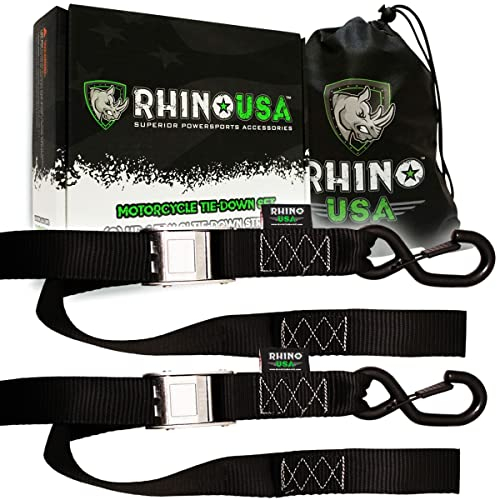 Rhino USA Motorrad Spanngurte mit Haken - 2 Pack - 1000kg Bruchfestigkeit - Stahl Schloss Spanngurt Set mit Schlaufen - Motorrad Transportsicherung - Schwarz