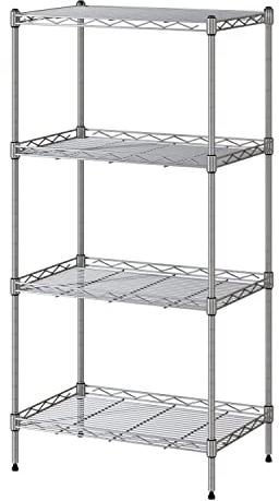 VOONEEN 4 Tier Shelf Shelving Units, Multipurpose Metal Modern Small Storage Rack with 4 Hooks, Stainless Steel Wire Organisation Suitable For Pantry Kitchen Livingroom Bathroom Office, 45*30*90 CM