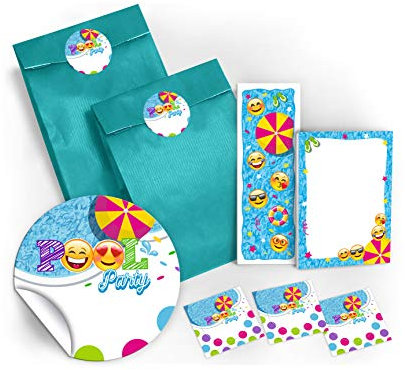 Mitgebsel Kindergeburtstag 12 Geschenktüten / blau + 12 Aufkleber + 12 Lesezeichen + 12 Mini-Notizblöcke Schwimmbad / Gastgeschenke für Kinder Junge Mädchen Geburtstag Giveaways Pool-Party Party-Tüten