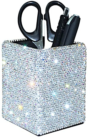 ENG Luxuriös und glamourös Kristall Stiftehalter Visitenkarten Dekorative Bling Kristall Strass PU Leder Organizer für Frauen Mädchen B1-Bling-Quadrat