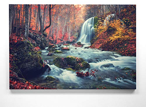 Atemberaubendes Leinwandbild Wald im XXL Format 120x80cm. Motiv, Wasserfall im Herbst als großes Wandbild. Fertig aufgespannt auf Holzrahmen. Hintergrund und Deko für Wohnzimmer & Schlafzimmer