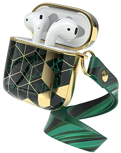 EAZY CASE - Schutzhülle für AirPods 1 & 2 Hülle Grün Hard Case Stoßfest mit Karabiner geeignet als Schlüsselanhänger Antikratz Etui rutschfest Hardcase für Airpod 2. / 1. Generation Gold Grün Marmor