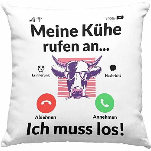 Trendation Meine Kühe Rufen An Kissen mit Füllung 40x40 Geschenk Landwirt Bauer Geschenkidee Landwirtin Kuh Grafik (Grau)