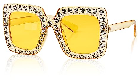 Jagowa 1 Piece Rhinestone Square Sunglasses Large Frame Crystal Sunglasses for Women Dress Costume Accessories (Yellow)