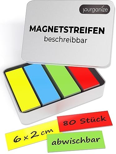 YOURGANIZE® Magnetstreifen beschreibbar | 80 Stück, 60x20 mm | Magnetschilder zum Beschriften | Für Kühlschrank, Whiteboard & Tafel | Magnetstreifen