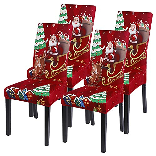 SearchI 4/6 PCS Weihnachtlich Stuhlhussen Stretch Weihnachten Stuhlbezug Universal Festlich Chair Cover Moderne Xmas Stulabdeckung Esszimmer Partys Bankett Beschütze (Weihnachtsschlitten, 4PCS)