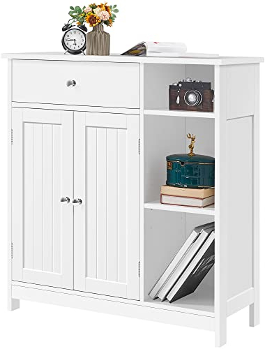 Yaheetech Armario Baño de Suelo Mueble de Baño Auxiliar de Madera con Cajón y Puertas Mueble de Cocina con Estante Ajustable 75x30x80 cm Blanco