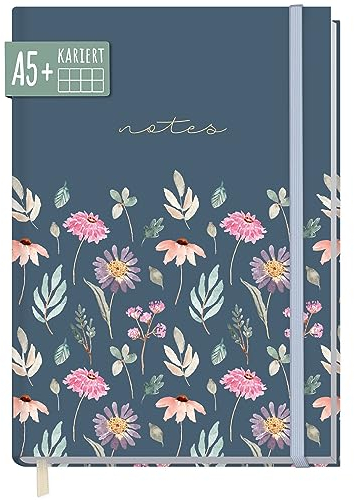 paper&you® Notizbuch A5+ kariert mit Gummiband Flying Flowers 156 Seiten, 78 Blatt, als Bullet Journal, Tagebuch, Notizheft - nachhaltig & klimafreundlich