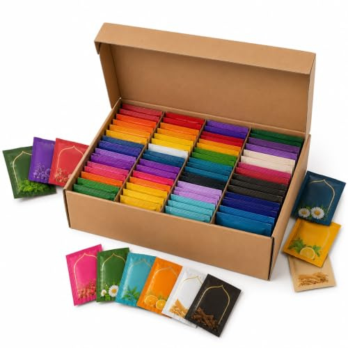 60 Different Tea Envelopes Gift Box Individually Wrapped No Duplicates | Premium Tea Collection • Famous Brands • Black, Green, Herbal & Fruit • Compartment Gift Box