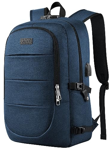 AMBOR Sac à Dos Ordinateur Portable, Sac à Dos de Voyage Imperméable 17.3 Pouces avec USB Charging Port,Antivol Sac à Dos d'affaires Fonctionnel Sac a Dos PC Portable pour Loisir, Scolaire, Bleu