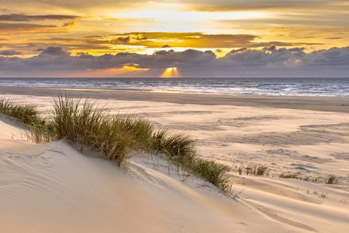 adrium Poster-Bild 120 x 80 cm: Blick von der Dünenspitze auf den Sonnenuntergang in der Nordsee von der Insel Ameland, Friesland, Niederlande (149536493)
