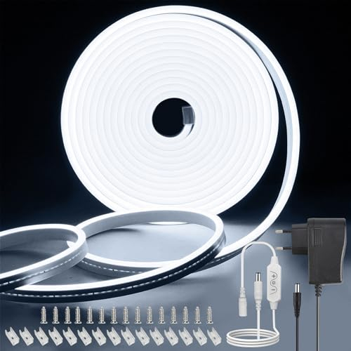TVLIVE Neon LED Strip 5M, Weiß LED Streifen 5M 12V Dimmbar, IP65 Wasserdicht Lichtband DIY Flexibel, led Band für Innen Außen Schlafzimmer Küche Deko