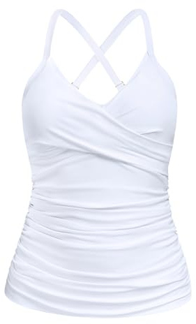 Ocean Blues Women's White Tummy Control Tankini Swimuit Top Push Up Vneck Tankini Top Only Size Medium