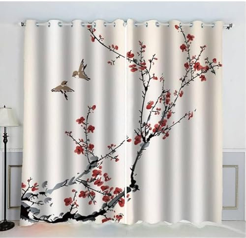 Oeillet pour Rideaux Sakura Japon Rideau Thermique Isolant Anti Froid 3D Style Japonais Rideau Occultant Opaque Salon Maison Décoration Rideau Motif Polyester（234x183 cm）