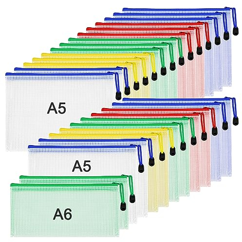 TUFA Sacchetto del Documento, 26 Pezzi Buste Plastica Zip A5+A6, Sacchetto di Zip Impermeabile Mesh per Documenti, Ricevute, Cosmetici, Materiale Scolastico