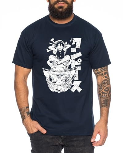 Merry Sit - T-Shirt Homme Chapeau de Paille Luffy Zoro One Monkey D. Pirate Ace Piece Goku Anime Ruffy, Taille:L, Couleur:Bleu foncé