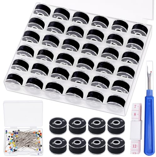 Rustark 36 Stück Schwarze Vorgewickelten Spulen Unterfaden Kit Bobbin Thread 60WT Größe A vorgewickelte Spulen mit Fall, Zubehör, Polyester-Faden für Handnähmaschine Verwenden DIY Stickerei