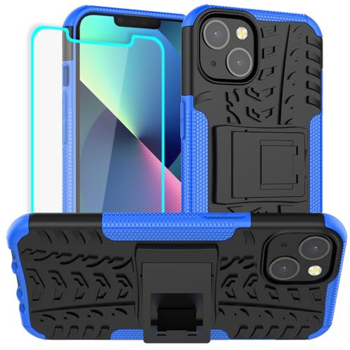 pour Coque iPhone 13, Coque iPhone 14 avec Protecteur d'écran, Double Couche Antichoc Protection avec Support pour Coque iPhone 13 (Bleu)