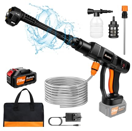 Cordless Pressure Washer 45 Bar/652 PSI, Portable Pressure Washer, High Pressure Washer Kit with Adjustable 6 in 1 Nozzle, 3.0Ah Battery, Foam Pot & 5m Hose, for Car, Fence, Floor, Garden Cleaning