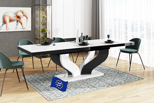 Design Esstisch HEB-222 Weiß Hochglanz / Schwarz Hochglanz ausziehbar 160 cm bis 256 cm Esszimmertisch für bis zu 10 Personen Hochglanz Funktionstisch modern vielseitig Esszimmer erweiterbar zeitlos