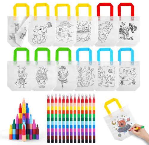 OSDUE 26 Stück Kinder Stoffbeutel Set, 13 Stück Stoffbeutel zum Bemalen für Kinder und 13 Stück Stapelbare Wachsmalstifte (12 Farben in 1), DIY Graffiti Taschen, für Kindergeburtstag Gastgeschenke
