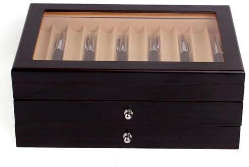 TuliperMood Boîte à crayons en bois pour 34 stylos à bille, boîte de rangement en verre avec couvercle, fenêtre en verre, collection de stylos, vitrine, pot à crayons